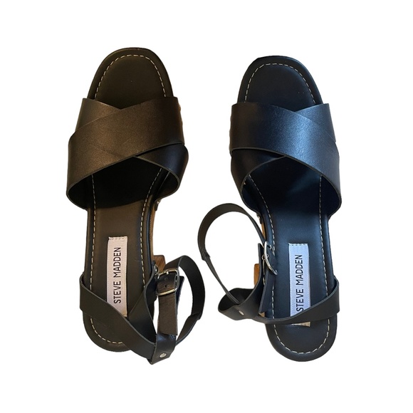 Steve Madden Masha Wood Block Platform Heel Leather Ankle Strap Sandal Size 10 - Picture 4 of 7